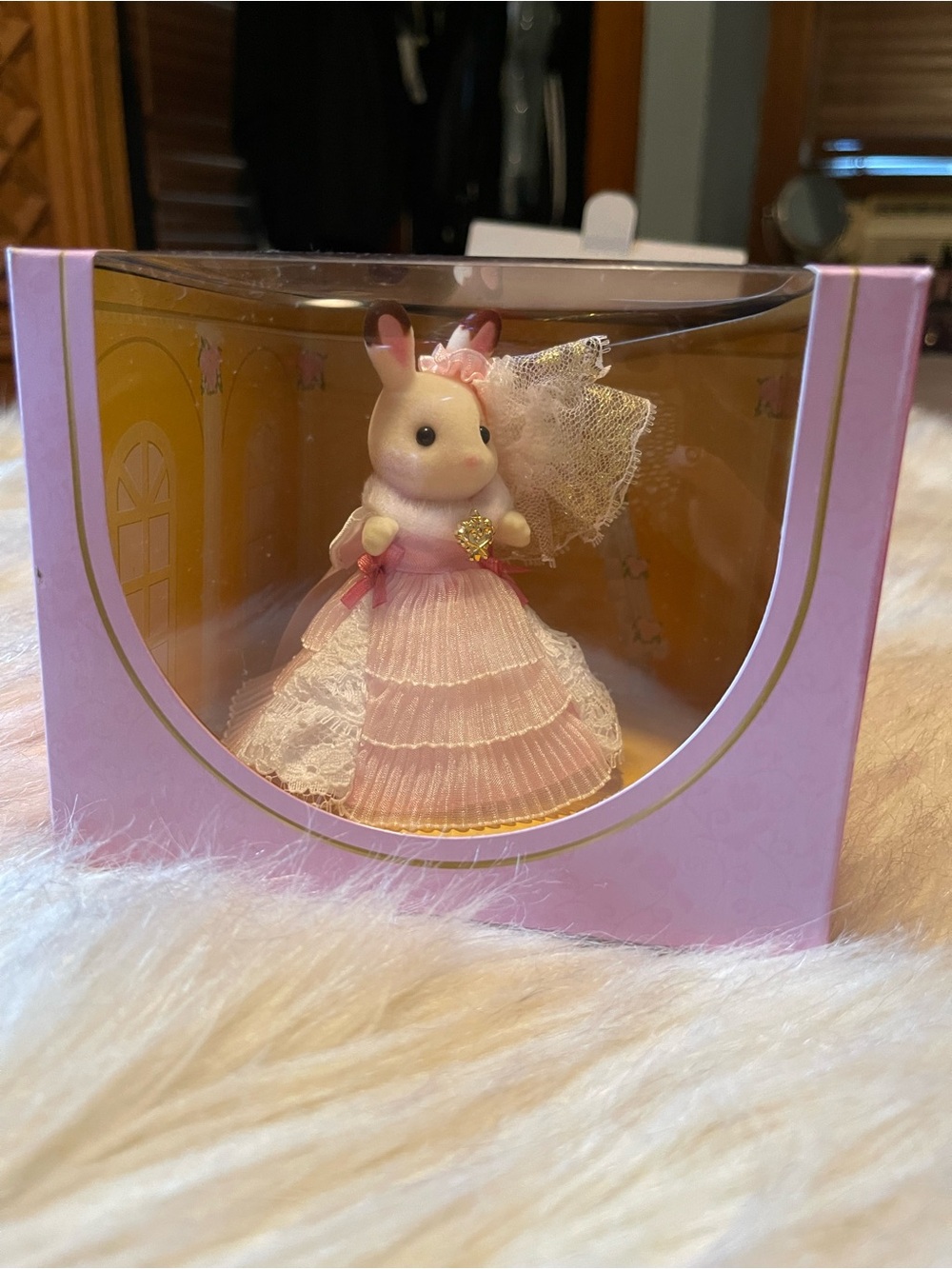 Rare Sylvanian Families Calico Critters Pink Rabbit Doll in a Pink Dress figure
